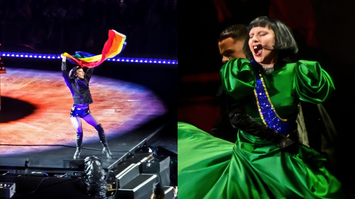 Lady Gaga holding a pride flag and performing at Copacabana Beach in Rio de Janeiro, Brazil, on Saturday, May 3, 2025