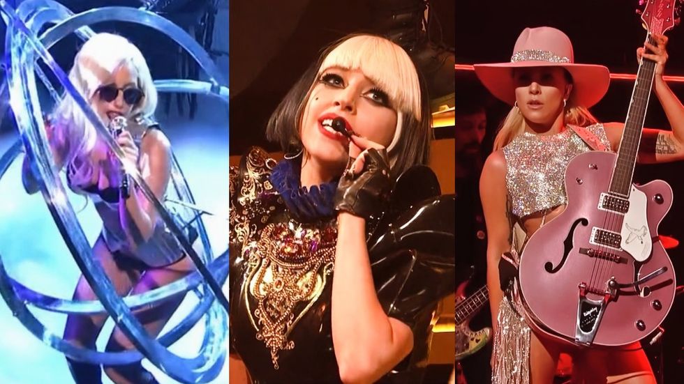 Lady Gaga performing LoveGame on Saturday Night Live in 2009; Lady Gaga performing Judas on Saturday Night Live in 2011; Lady Gaga performing A-YO on Saturday Night Live in 2016.
