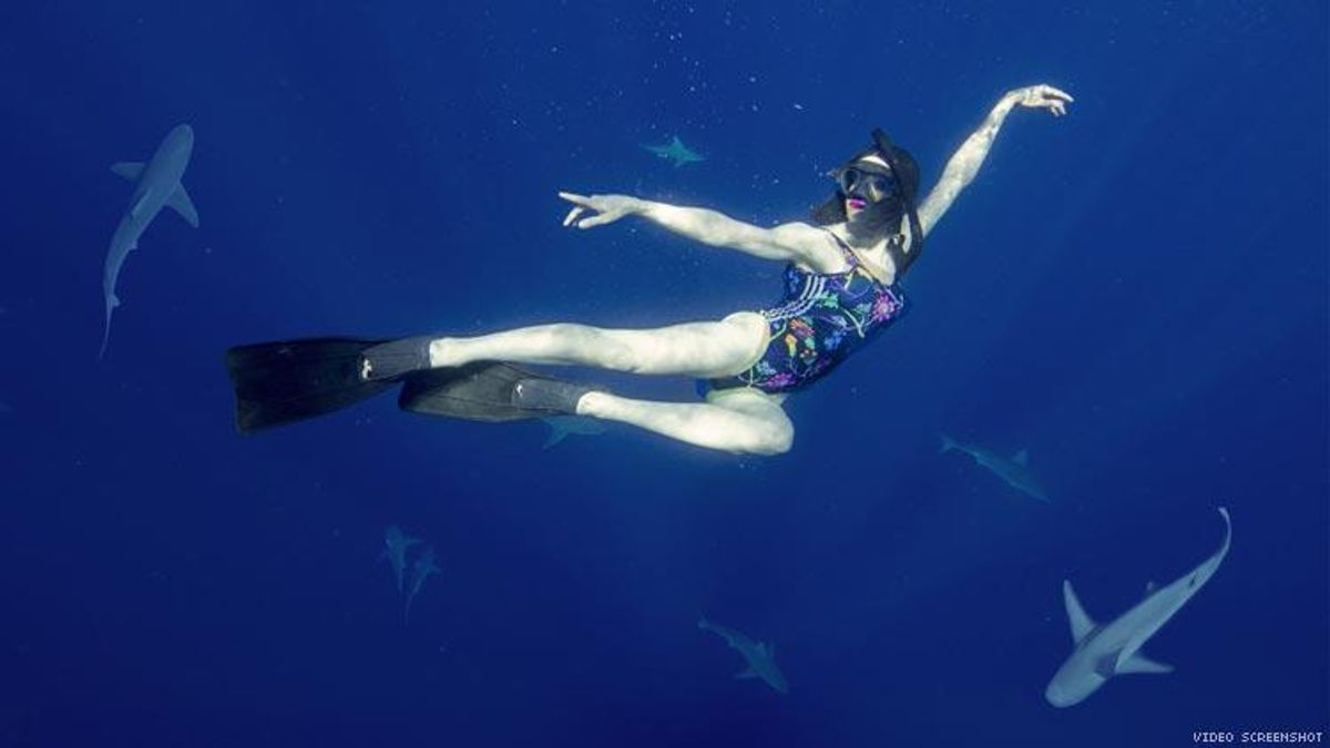 Laganja Estranja Swimming With Sharks (Cageless) in Full Drag 