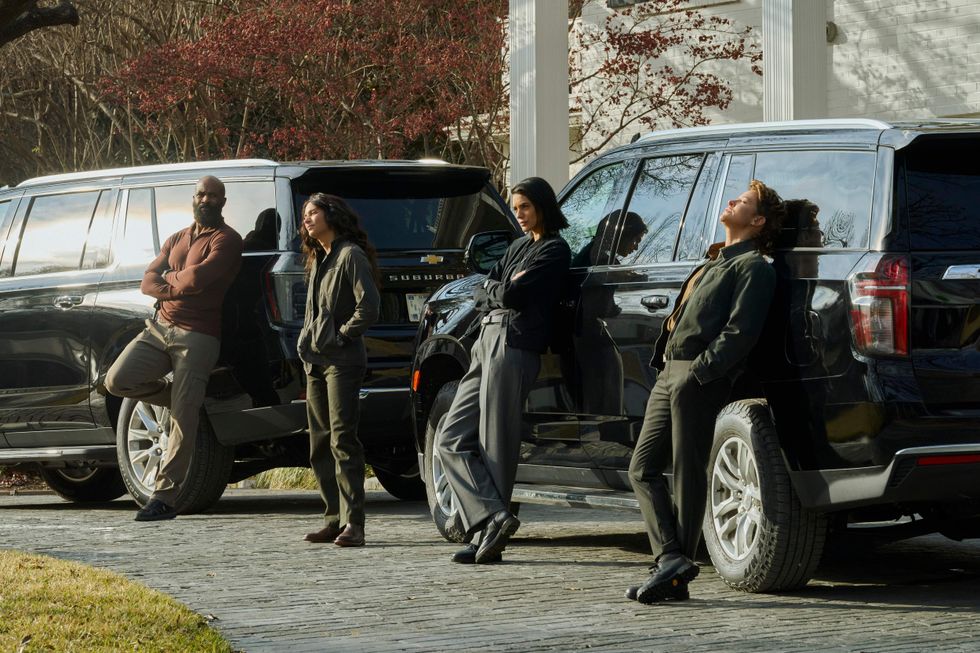 LaMonica Garrett as Tucker, Genesis Rodriguez as Josie, Laysla De Oliveira as Cruz, Jill Wagner as Bobby in 'Lioness' season 3.
