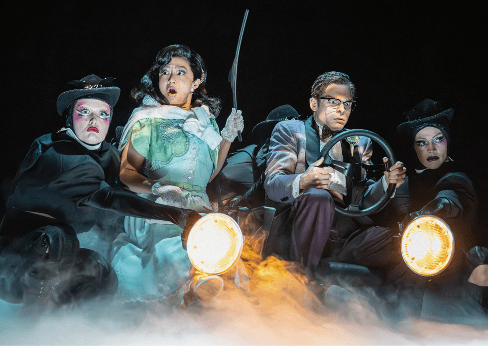 Larkin Reilly as Phantom/Ensemble, Stephanie Hsu as Janet, Andrew Durand as Brad, Caleb Quezon as Phantom/Ensemble