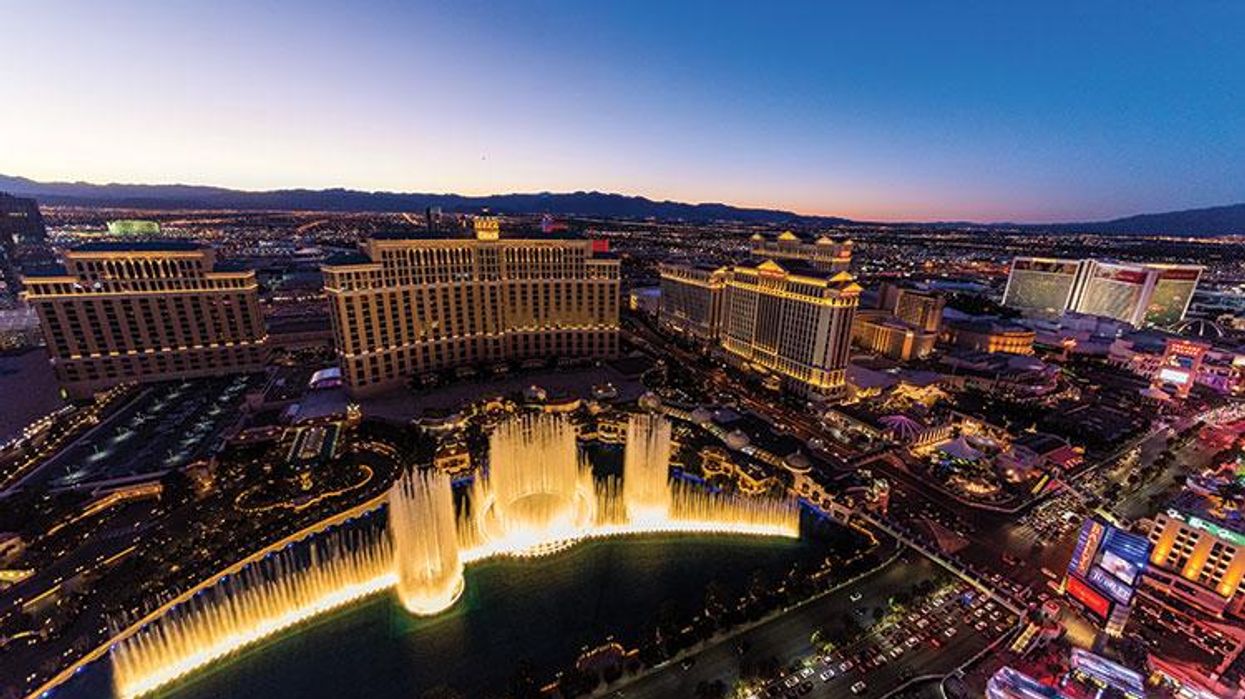 Las vegas at night with fountain display