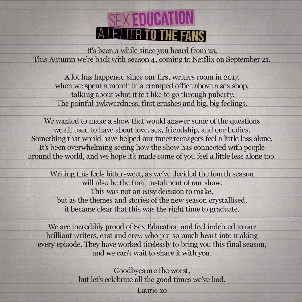 Laurie Nunn's Sex Education letter