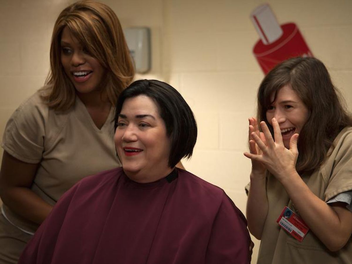 Laverne Cox, Lea DeLaria, and Yael Stone in season 3 of Netflix's "Orange is the New Black."