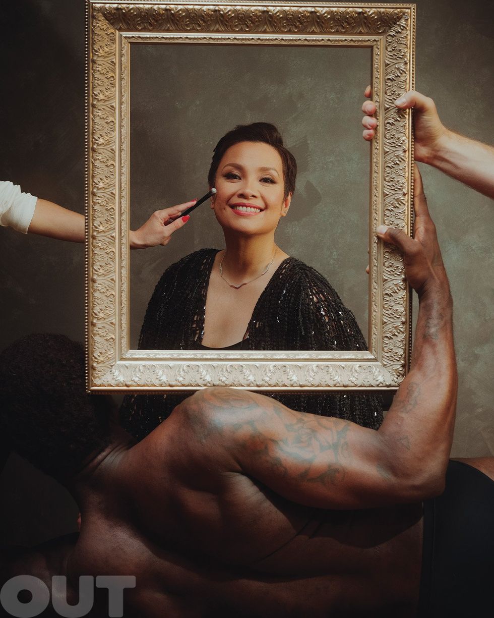 Lea Salonga in an Araks black slip dress, Brunello Cucinelli black cape, Mega Mega Projects Grown Brilliance necklace and bracelet, and Shahla Karimi ring