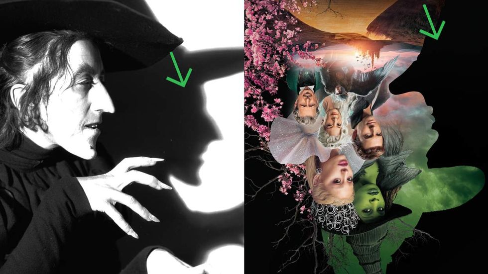 LEFT, Margaret Hamilton in-character as Miss Gulch, a.k.a. The Wicked Witch of the West, in MGM\u2019s 1939 musical film The Wizard of Oz; RIGHT, the RealD 3D poster of Wicked: For Good. ADDED ELEMENTS, arrows by Out.com