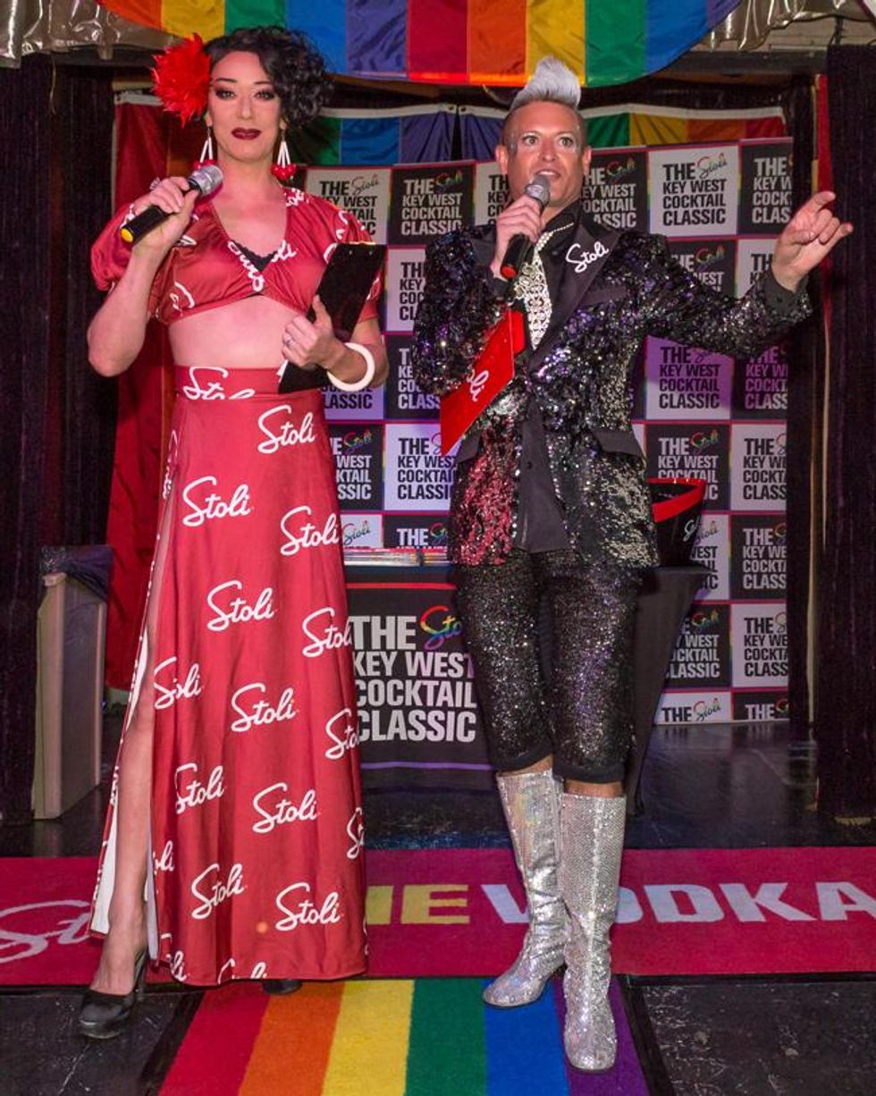 Legendary Key West drag queen Sushi and Stoli LGBT Ambassador Patrik Gallineaux open the show at 801 Bar.