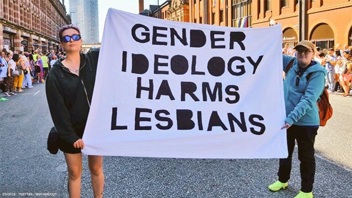 Lesbians protest transgender "gender ideology" at Manchester's 2019 LGBTQ+ Pride parade.