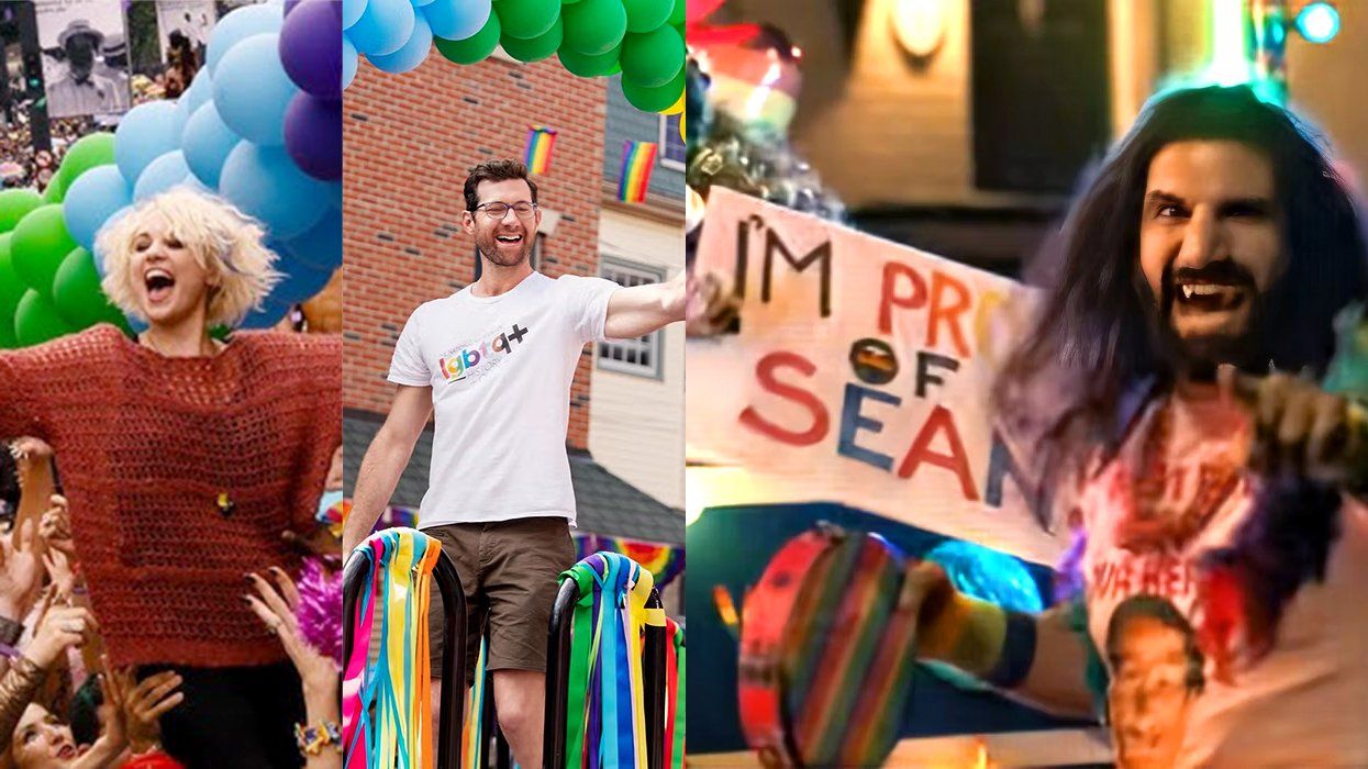 LGBTQ+ pride celebration on TV shows including Sense8 Netflix billy eichner on a pride parade float in Bros movie vampire on What We Do in the Shadows