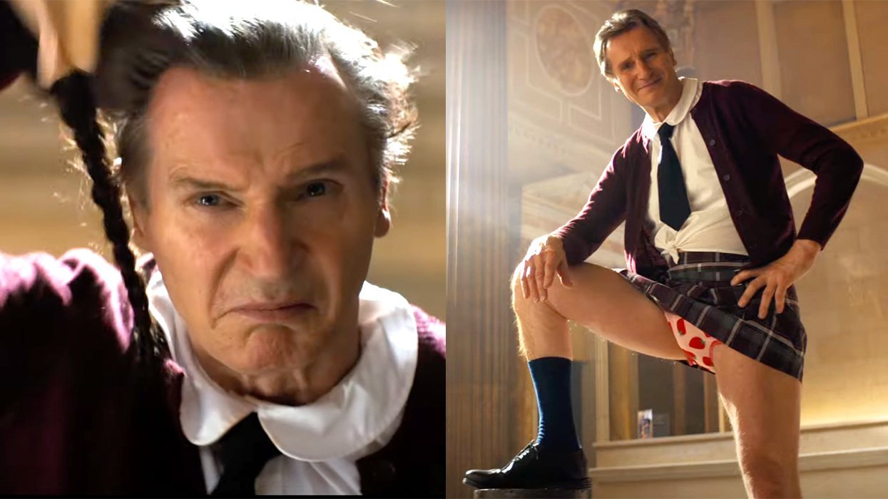 Liam Neeson Naked Gun 2025 unmasking school girl outfit strawberry panties