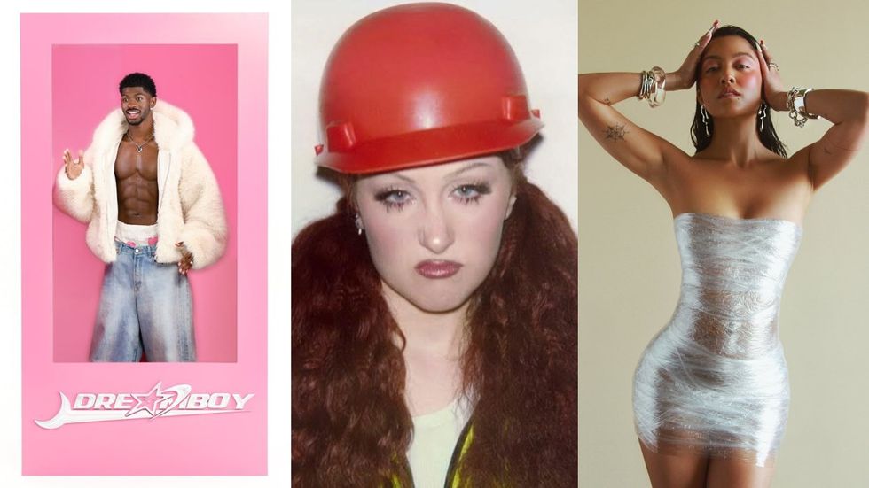 Lil Nas X in 'Dreamboy' artwork; Chappell Roan in 'The Giver' artwork; Carissa Rae in 'That's On Me' artwork