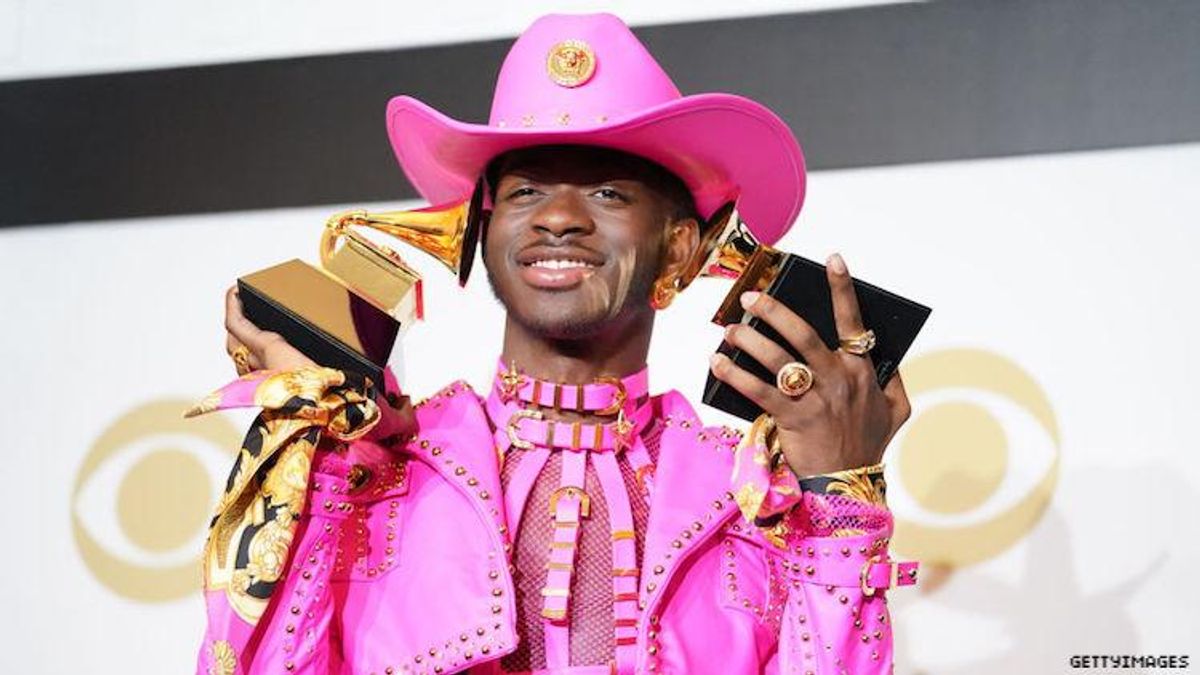 Lil Nas X with his two Grammy trophies. 