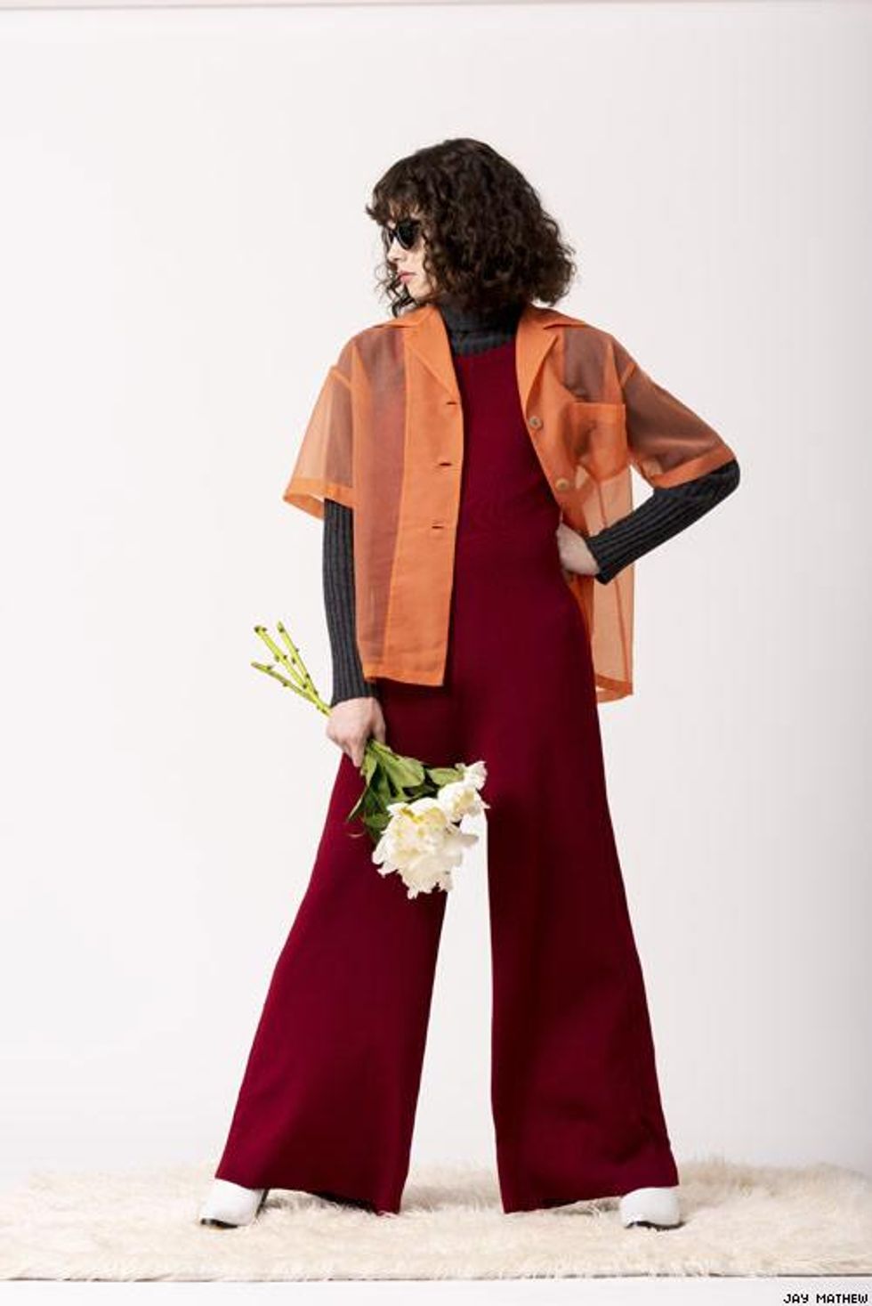 Look 2: Turtleneck, Bowling Shirt, and Eyewear: Acne Studios, Jumpsuit & Boots: Zara