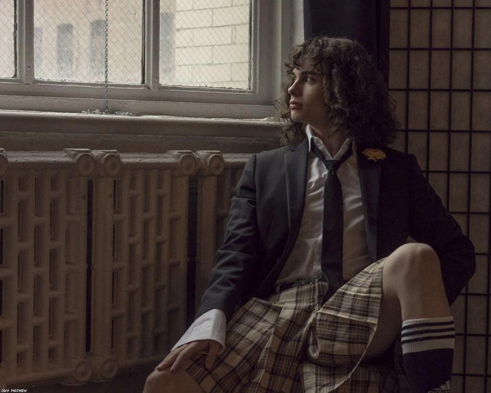 Look 4: Tuxedo Shirt: Tom Ford, Blazer & Tie: Hugo Boss, Shorts: Comme des Garcons, Socks: Adidas, Sneakers: Converse