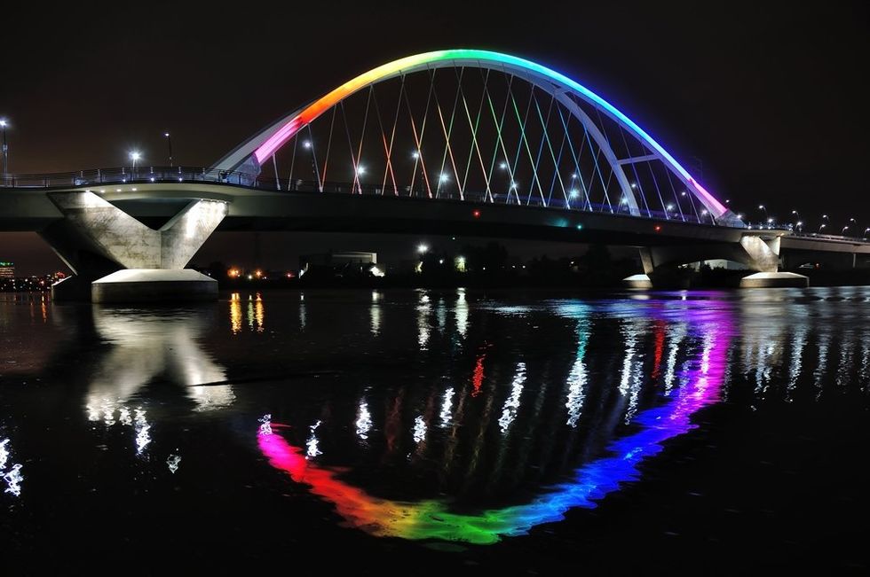 Lowry Avenue Bridge in Minneapolis lit in Rainbow Colors