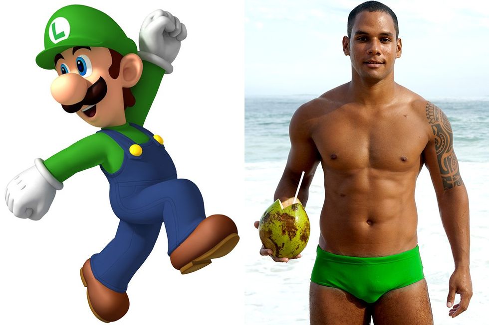 Luigi next to Man in Green Speedo
