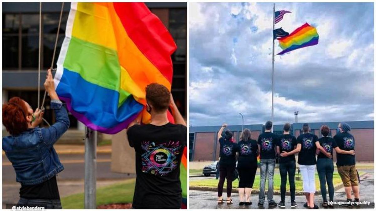 Magic City Equality flies a rainbow flag in front of the city hall in Minot, North Dakota