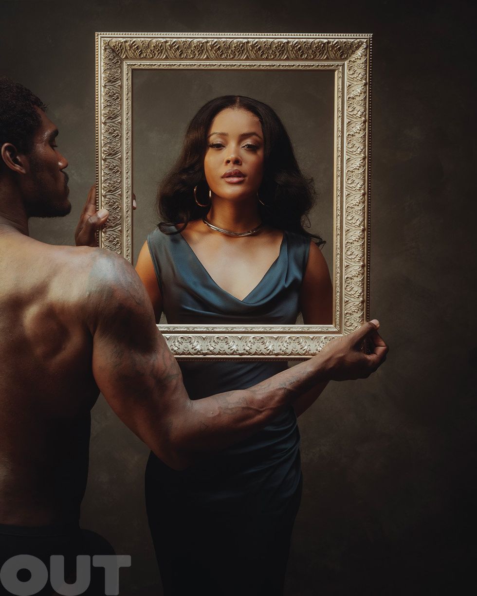 Maleah Joi Moon in a Lapointe Marine satin cowl neck gown and Demarson earrings, necklace, and bangle