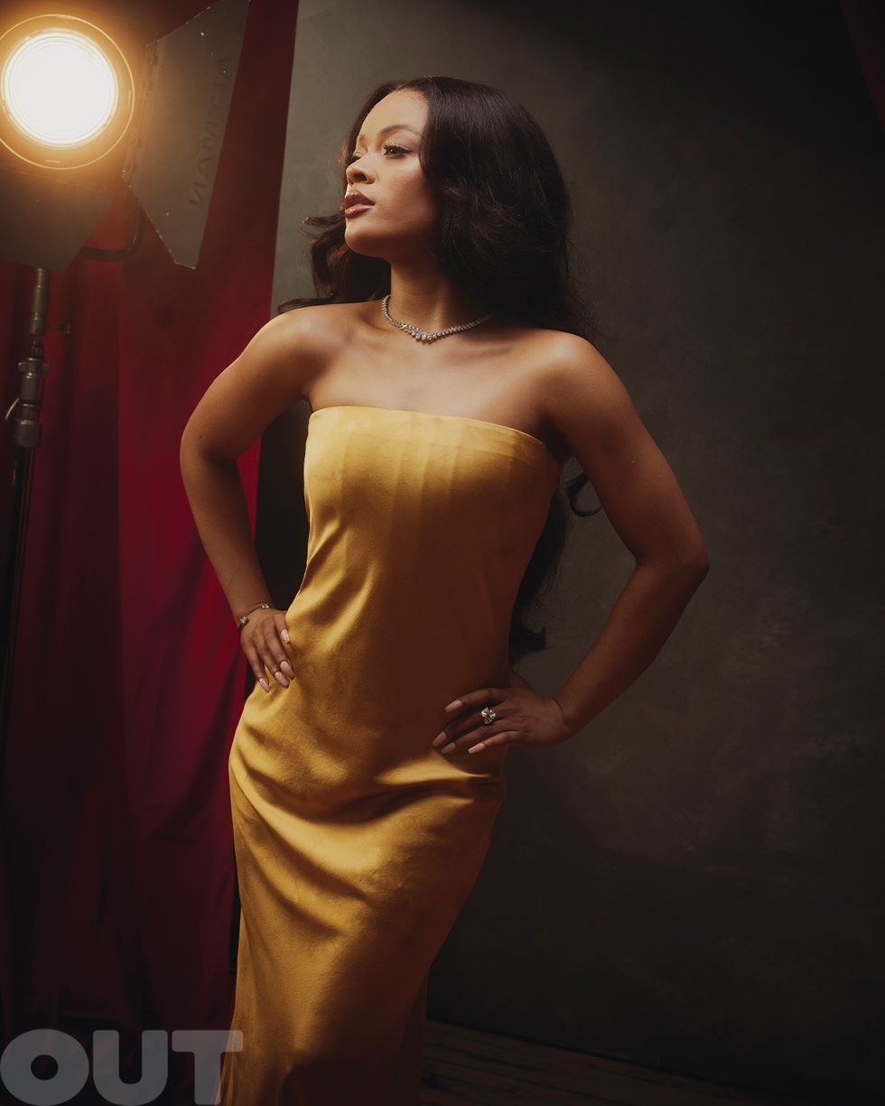 Maleah Joi Moon in an Alejandra Alonso Rojas gold shibori sIlk gown, Mega Mega Projects Grown Brilliance necklace and ring, and Shahla Karimi earrings and silver bracelet