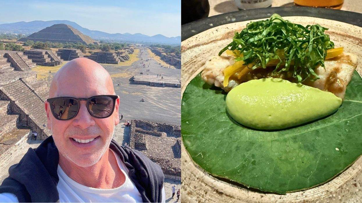 Man at Teotihuacán pyramid; dish on leaf with green puree and greens.