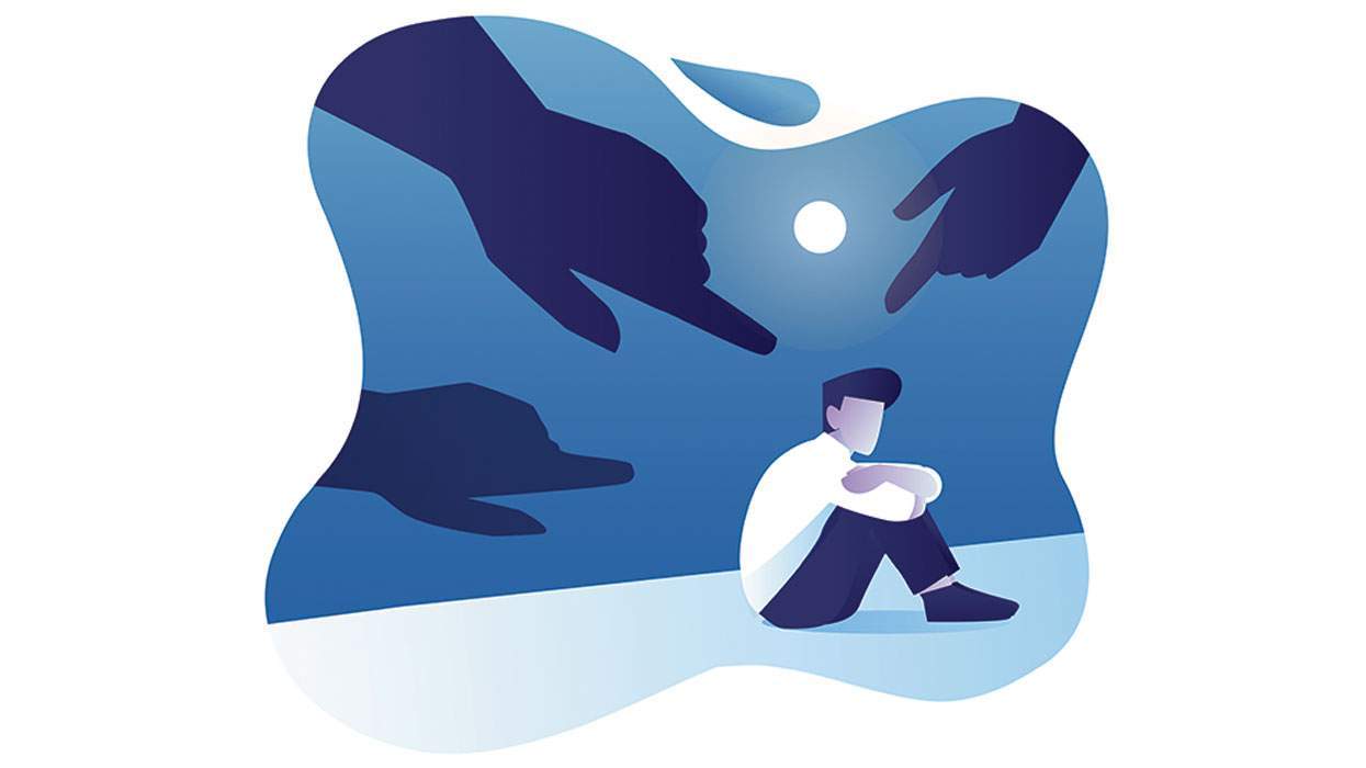 many hands point to a sad man