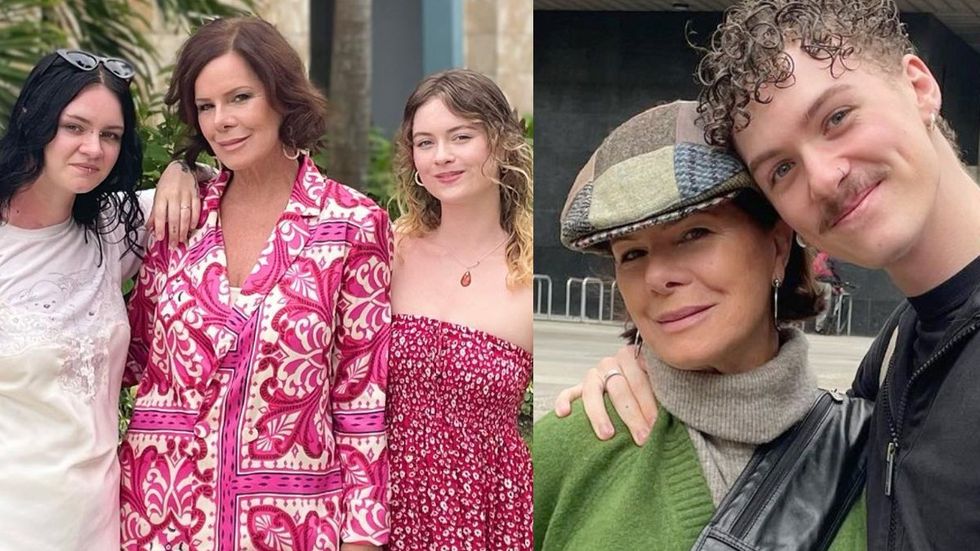 Marcia Gay Harden in two pictures with her queer children