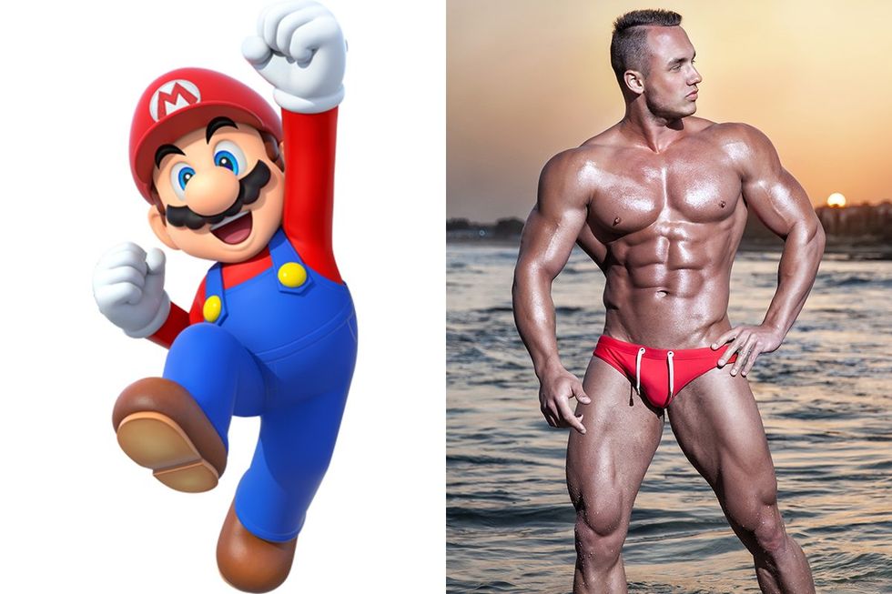 Mario next to Man in Red Speedo