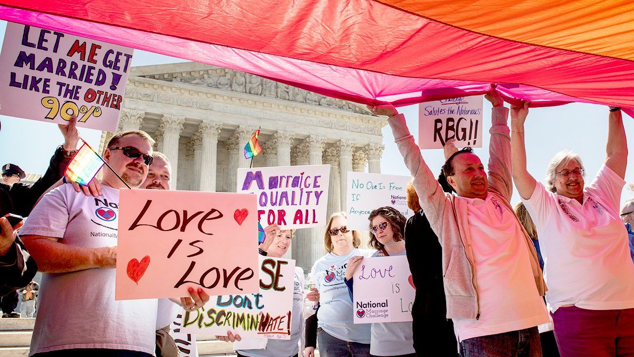 marriage equality demonstrators rally outside the Supreme Court before oral arguments on same sex marriage Washington DC April 2015