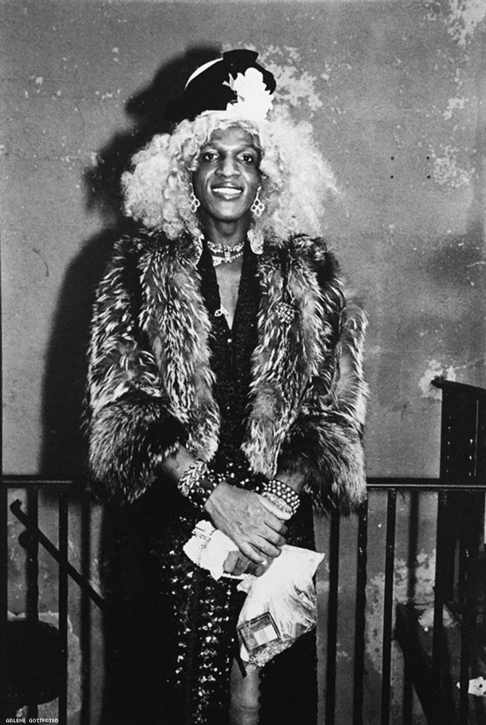 Marsha P. Johnson in blonde wig, 1983.