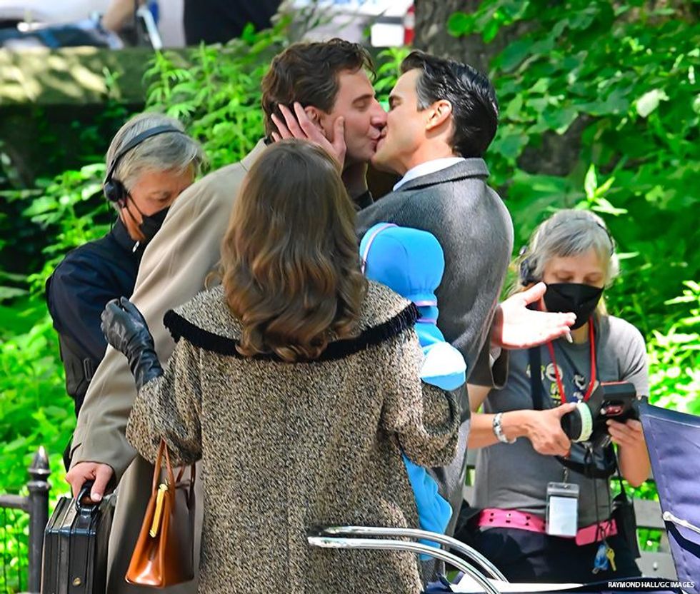 Matt Bomer and Bradley Cooper share a kiss on the set of \u2018Maestro\u2019
