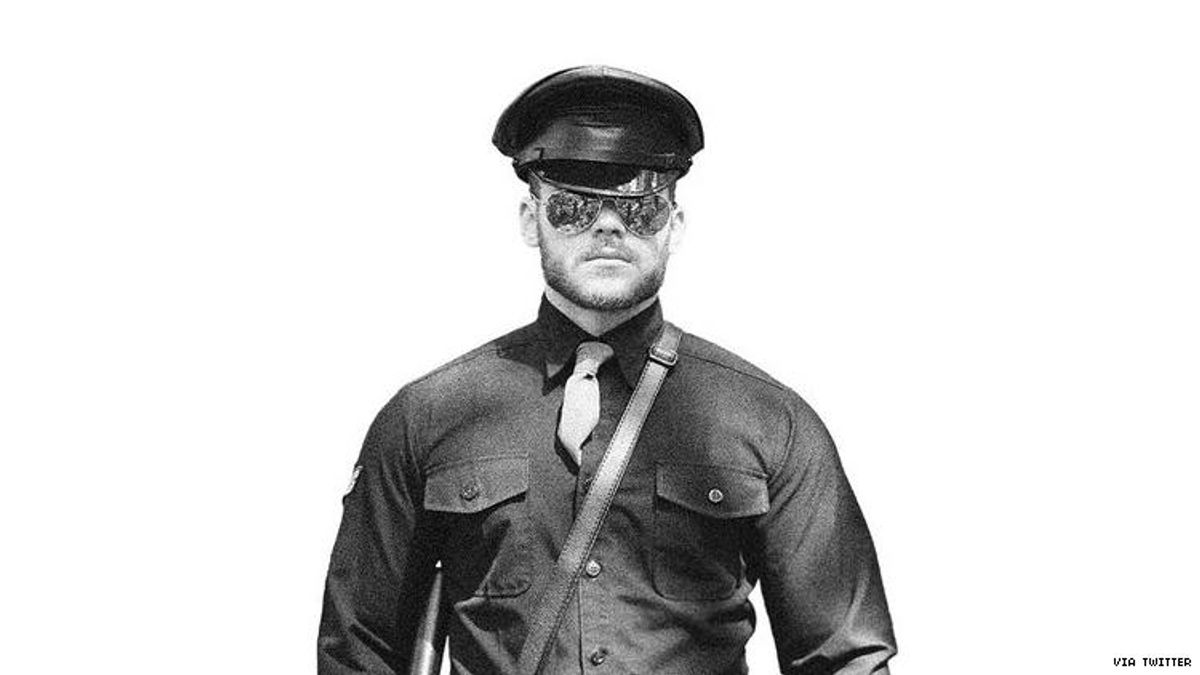 Matthew Camp dressed as a Tom of Finland illustration.