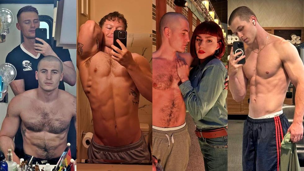 ​Max Parker, Kieron Moore, Angus O’Brien, Miles Heizer in drag, Jack Cameron Kay, stars of Netflix’s Boots