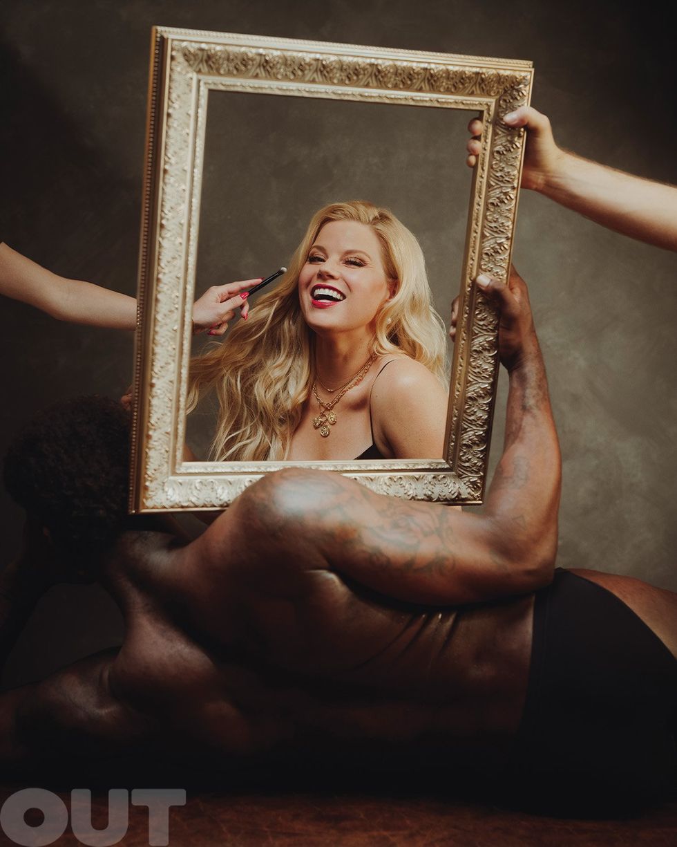 Megan Hilty in a Toteme black slip dress, Mega Mega Projects Awe Inspired chain necklaces, Grown Brilliance pearl earrings, and Shahla Karimi diamond necklace