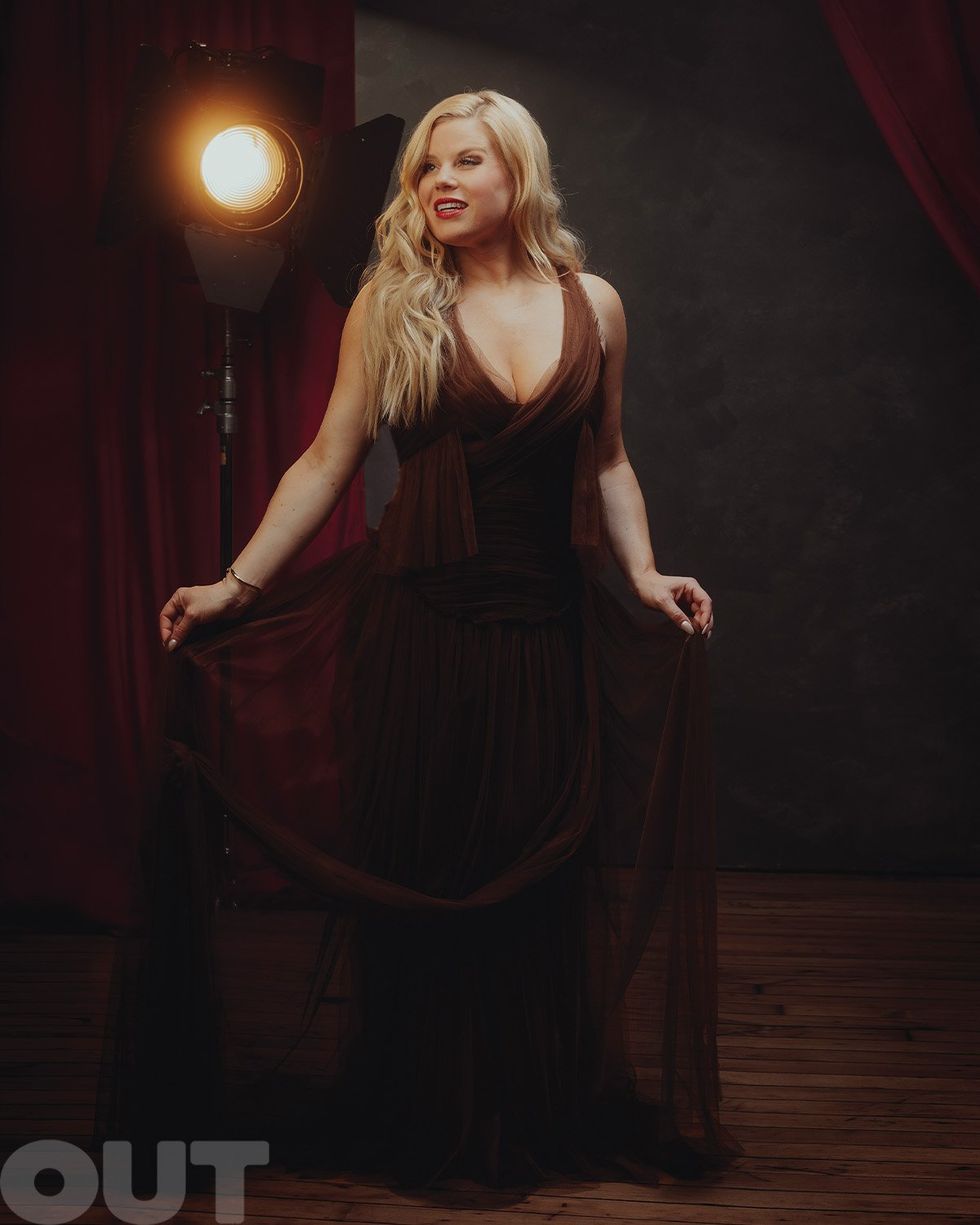 Megan Hilty in an archival Vera Wang dress from Albright, Shahla Karimi earrings and gold bangle