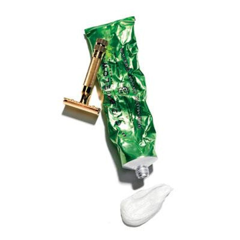 Merkur Solinger gold-plated safety razor, C.O. Bigelow premium shave foam