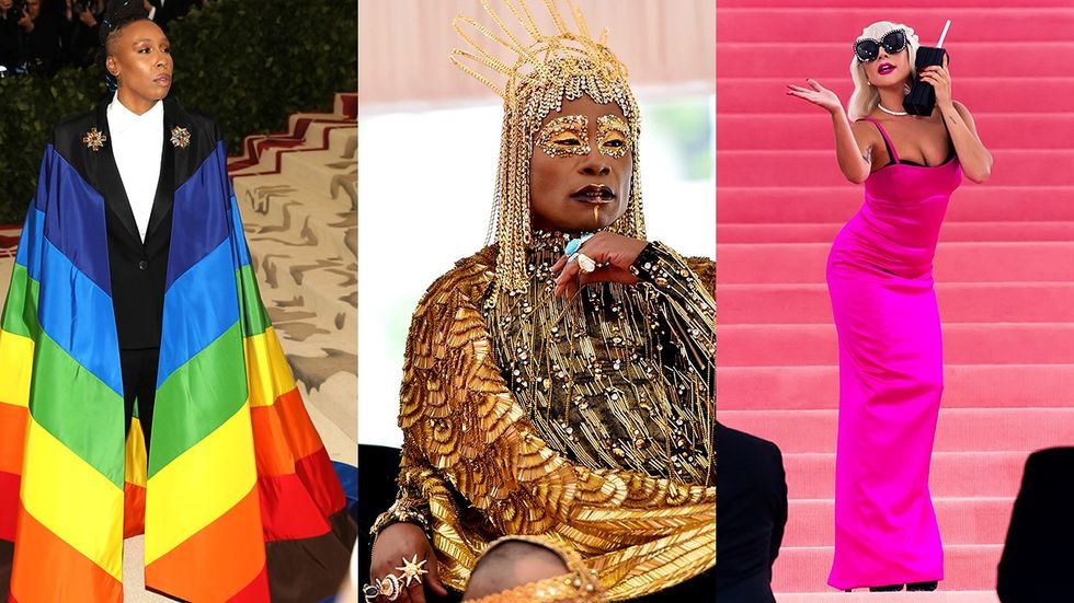 met gala red carpet iconic celebrity moments Lena Waithe rainbow pride cape billy porter dripping gold Lady Gaga multiple wardrobe changes pink black