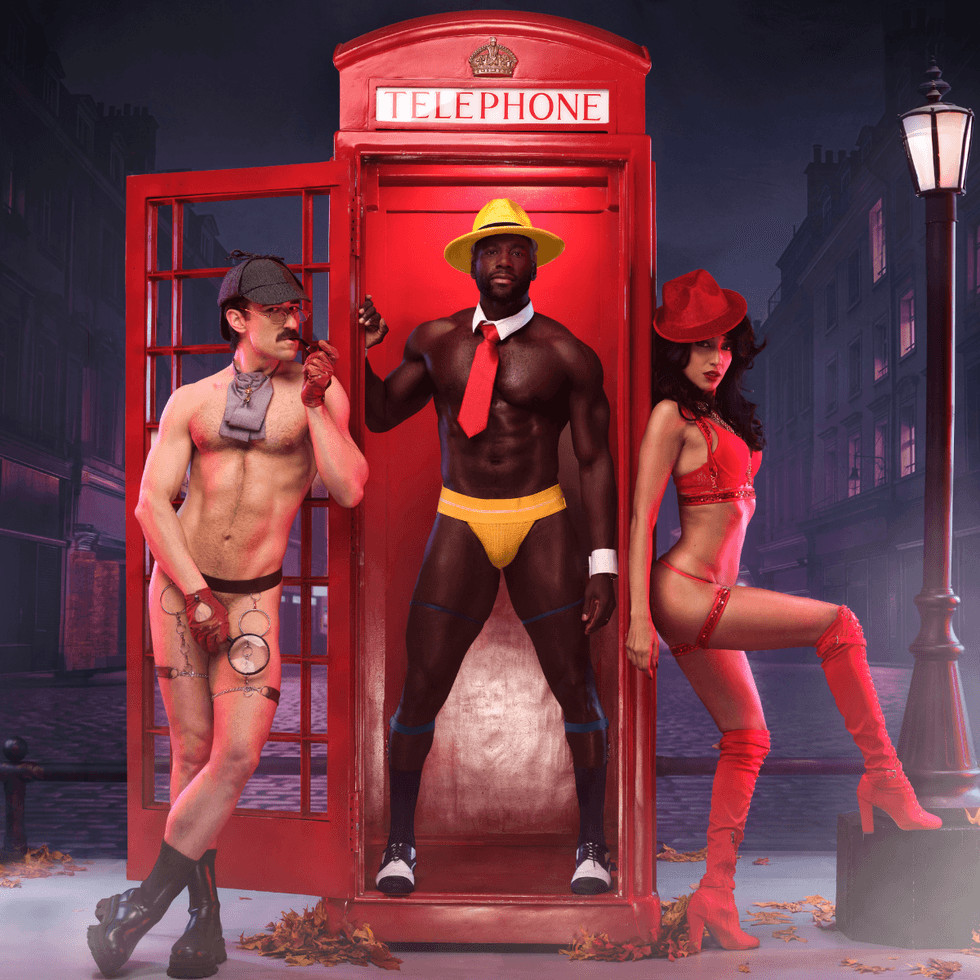 Michal Kolaczkowski as Sherlock Holmes, Khasan Brailsford as Dick Tracy, and Alice Reys as Carmen Sandiego pose together in front of a red London phone booth on a moody nighttime street