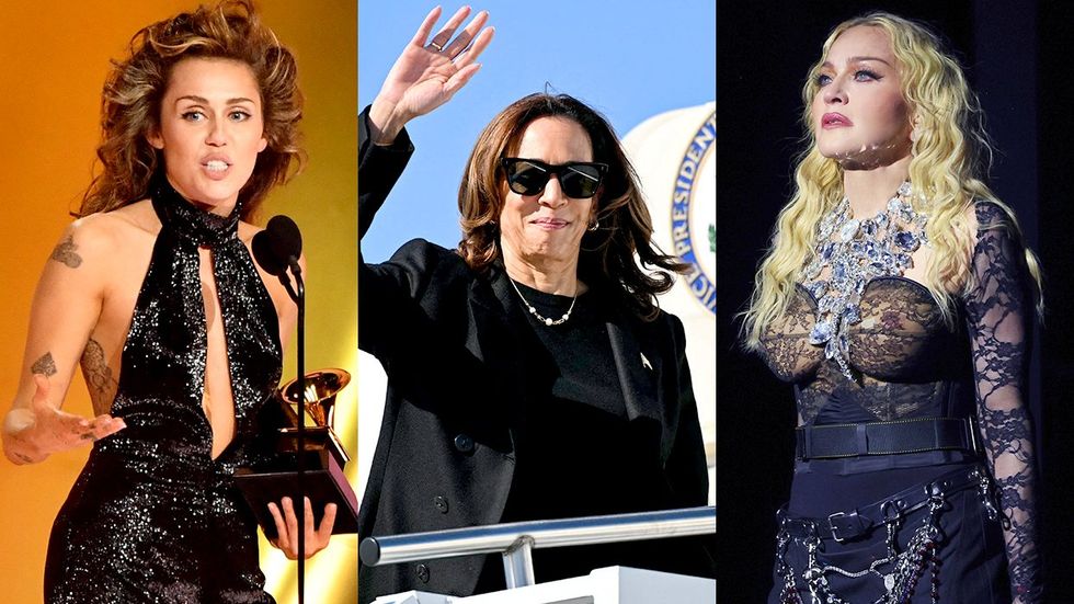 Miley Cyrus accepts grammy award US Vice President and Democratic presidential candidate Kamala Harris boards Air Force Two Madonna performs during The Celebration Tour