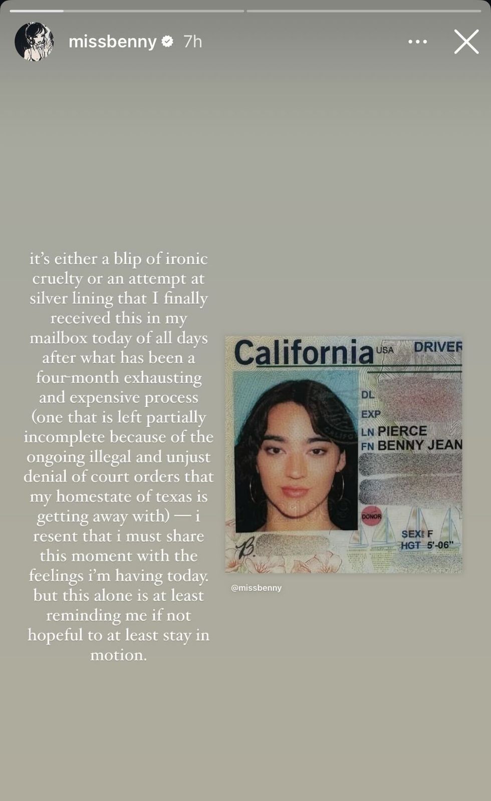 miss benny name change sex change driver's licence