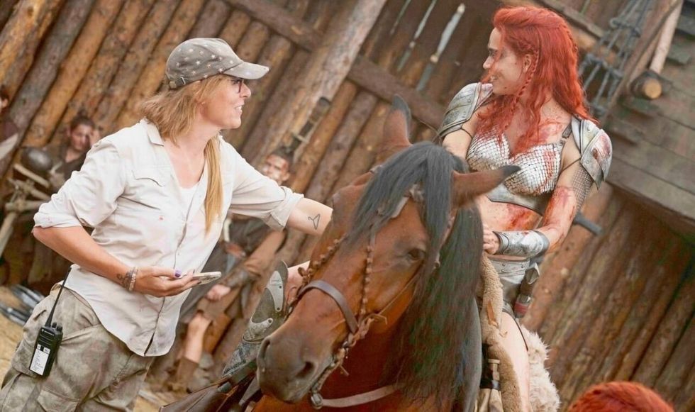 MJ Bassett and Matilda Lutz on set filming Red Sonja
