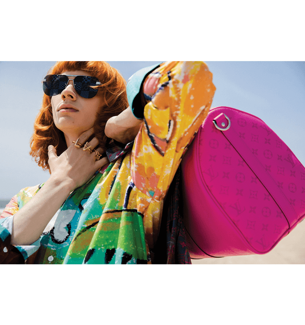 Model Erik Sathrum escapes to the California sun in Louis Vuitton's spring summer 2021 collection.