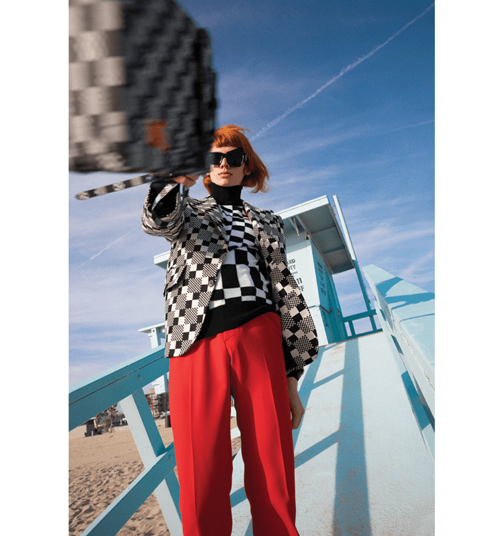 Model Erik Sathrum escapes to the California sun in Louis Vuitton's spring summer 2021 collection.