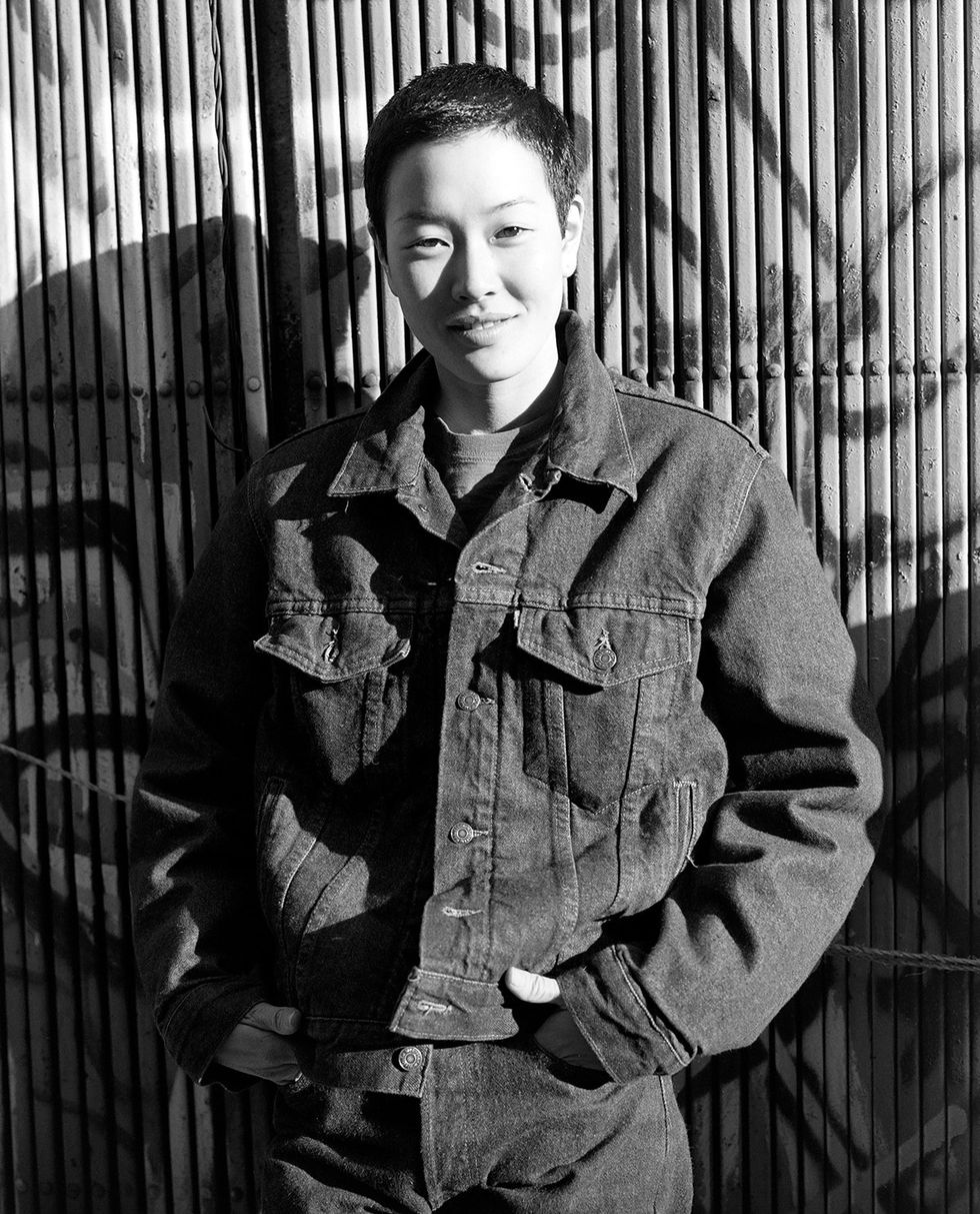 Model Jenny Shimizu wearing a Levis jeans and jacket before an interview June 2018
