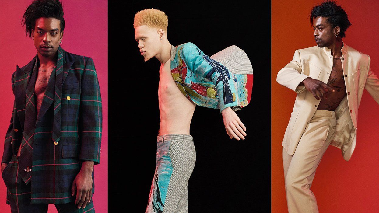 models wearing suits by Vivienne Westwood, Walter Van Beirendonck, and Thierry Mugler