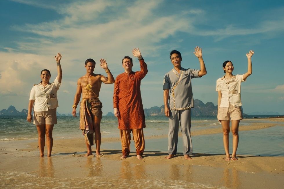 Morgana O'Reilly, Arnas Fedaravi\u010dius, Christian Friedel, Dom Hetrakul, and Lalisa Manobal on The White Lotus season 3 episode 1