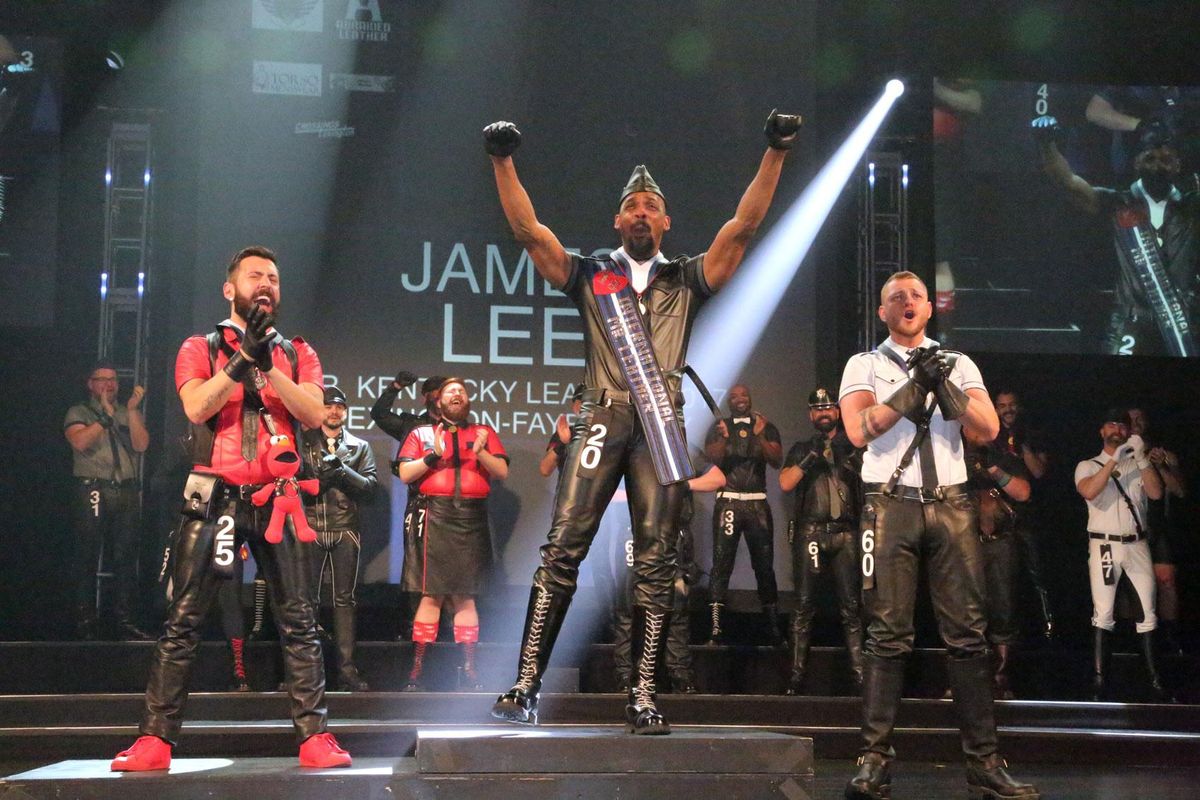 Mr Kentucky 2017 James Lee (center) named International Mr Leather 2018 with first runner up Mr Leather Belgium 2017 Sandro Cossero (left) and second runner up Mr Friendly SF 2018 Stephan Ferris (right). Photo courtesy of IML, Inc.