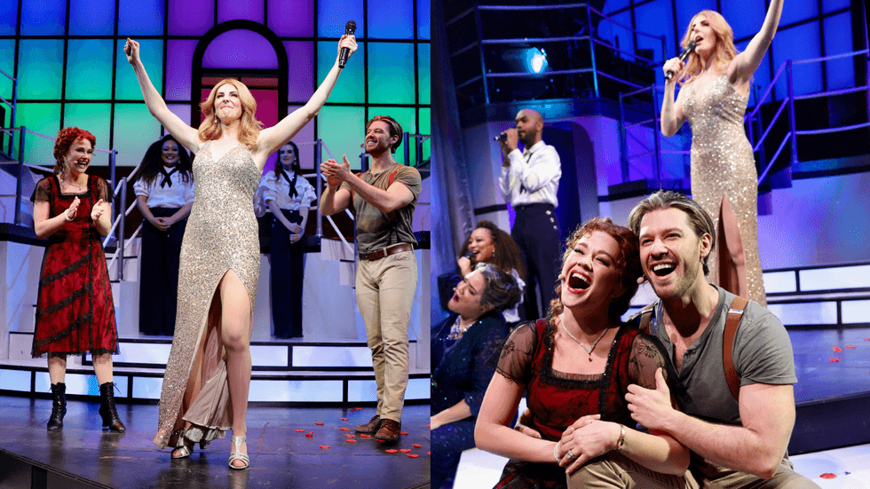 Musical cast performing on stage with vibrant lighting and a sparkly dress.