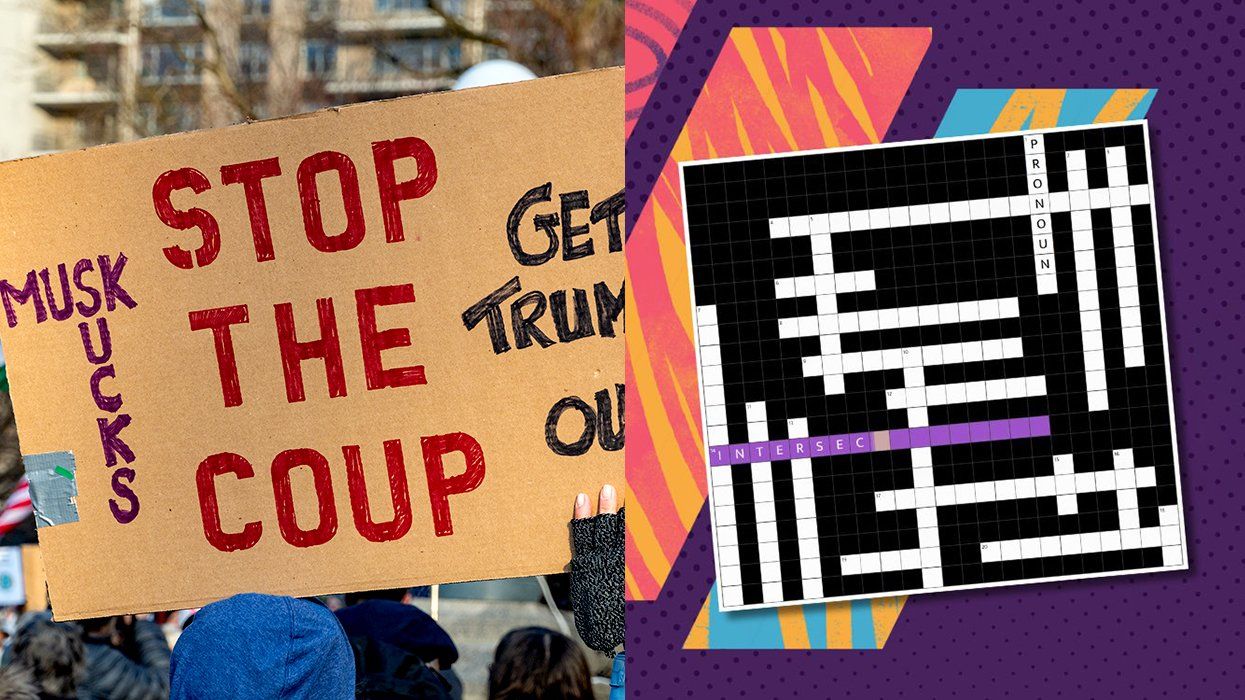 Musk Trump protest sign 2025 Anti Trump protest Boston Common 50501 Movement alongside It Gets Better banned words crossword puzzle
