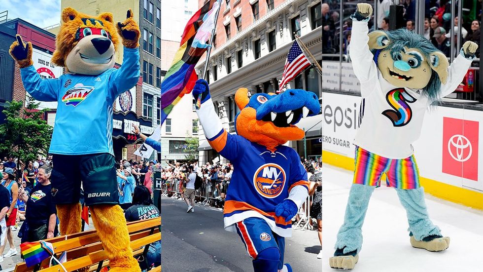 NHL Mascots showing LGBTQ Pride Nordy MN Wild Sparky NY Islanders Buoy Seattle Kraken