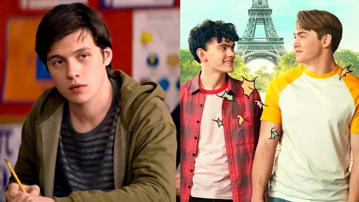 Nick Robinson as Simon Spier Love Simon movie Twentieth Century Fox alongside Joe Locke as Charlie Spring holding hands with Kit Connor as Nick Nelson at eiffel tower on Heartstopper Netflix show